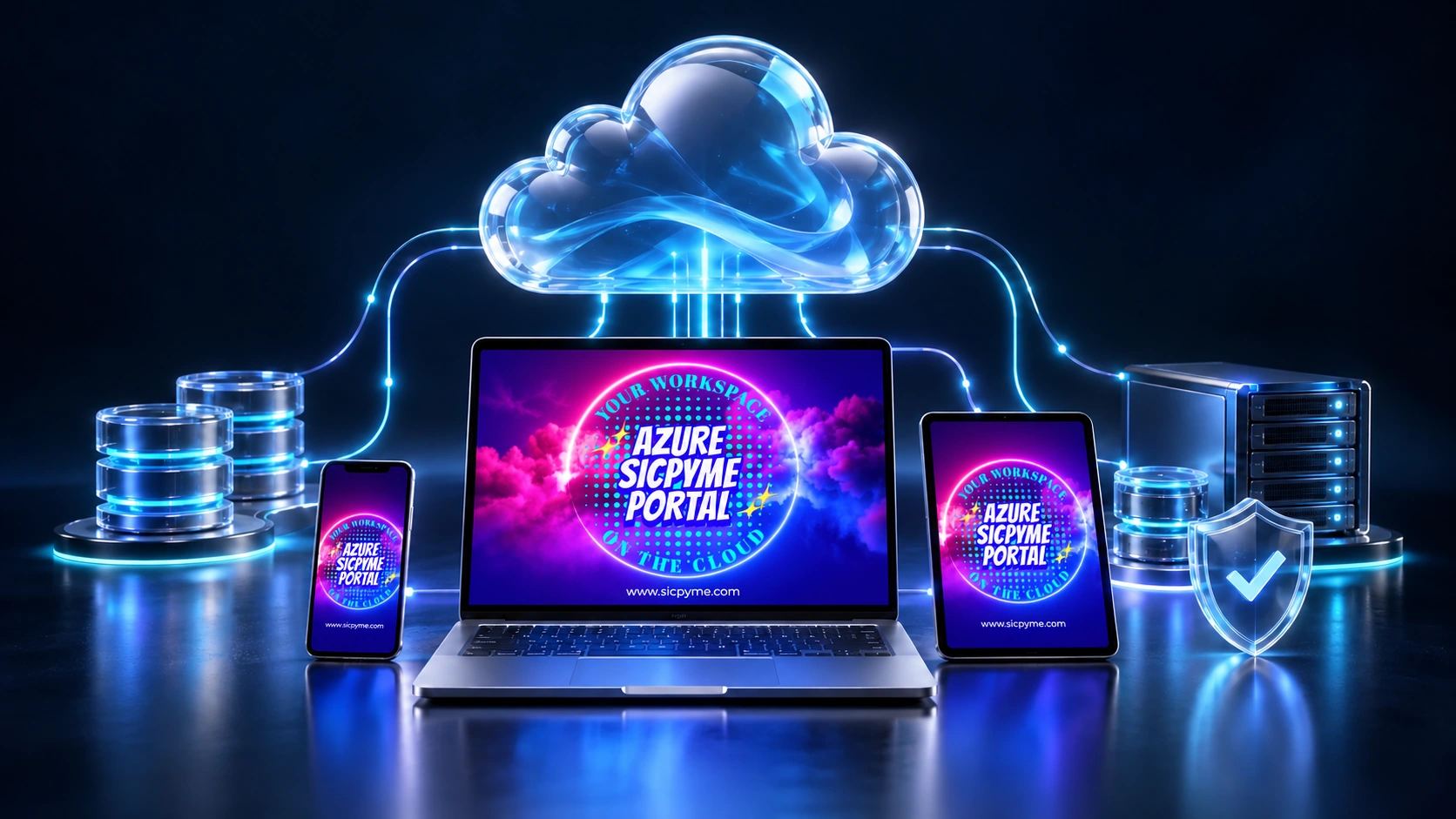 Azure SICPYME Portal con su fondo corporativo en laptop, teléfono y tableta, conectados a una nube de cristal
