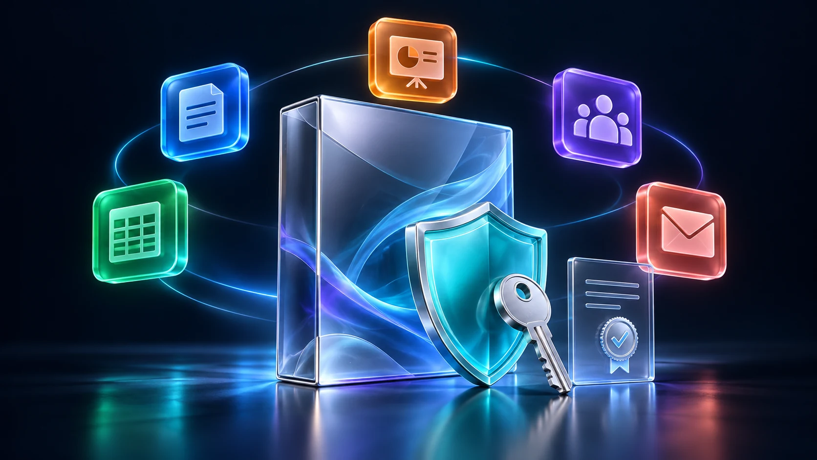 Paquete de software de cristal, llave, certificado e iconos de productividad en distintos colores