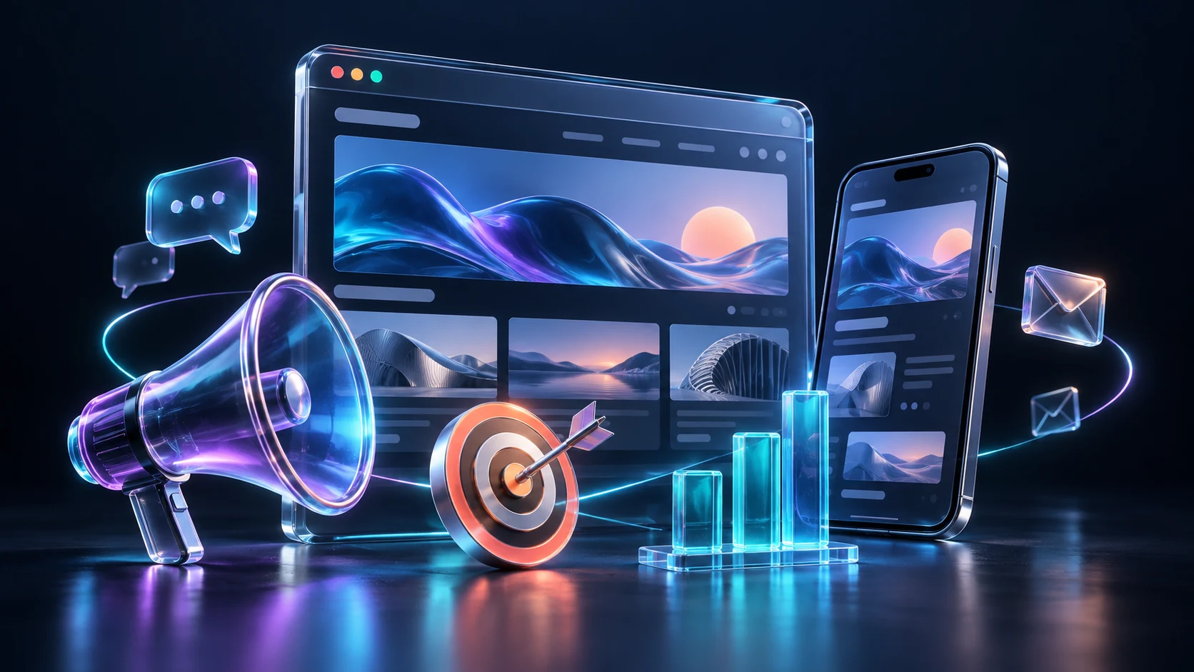 Sitio web y móvil en cristal, megáfono, objetivo y gráficos de marketing digital
