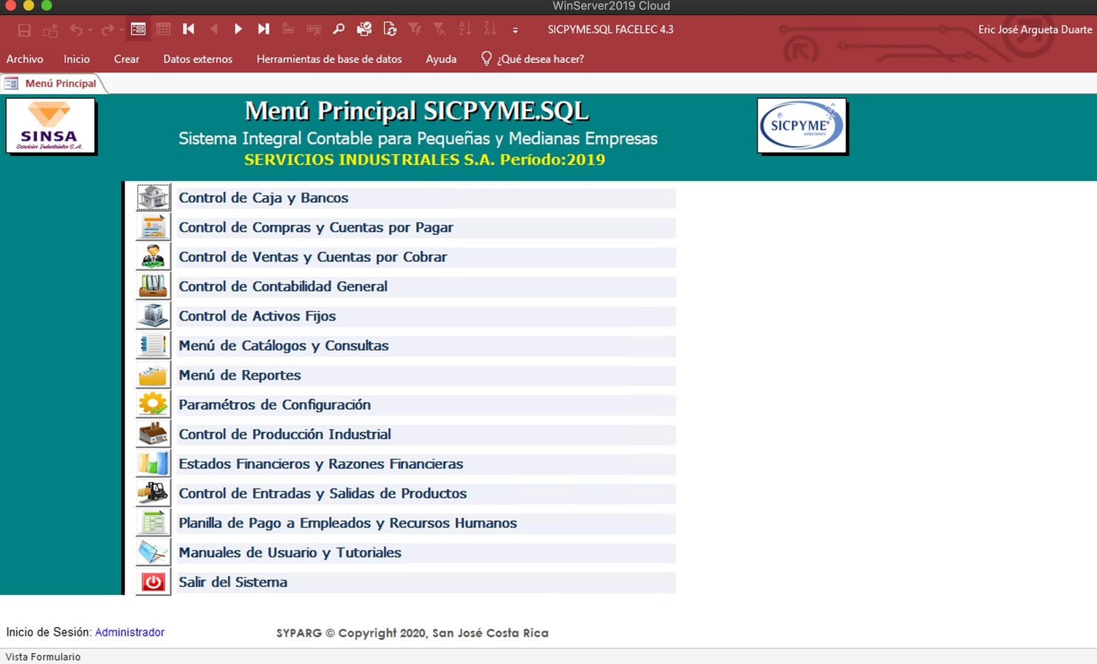 Menú principal auténtico de SICPYME.SQL